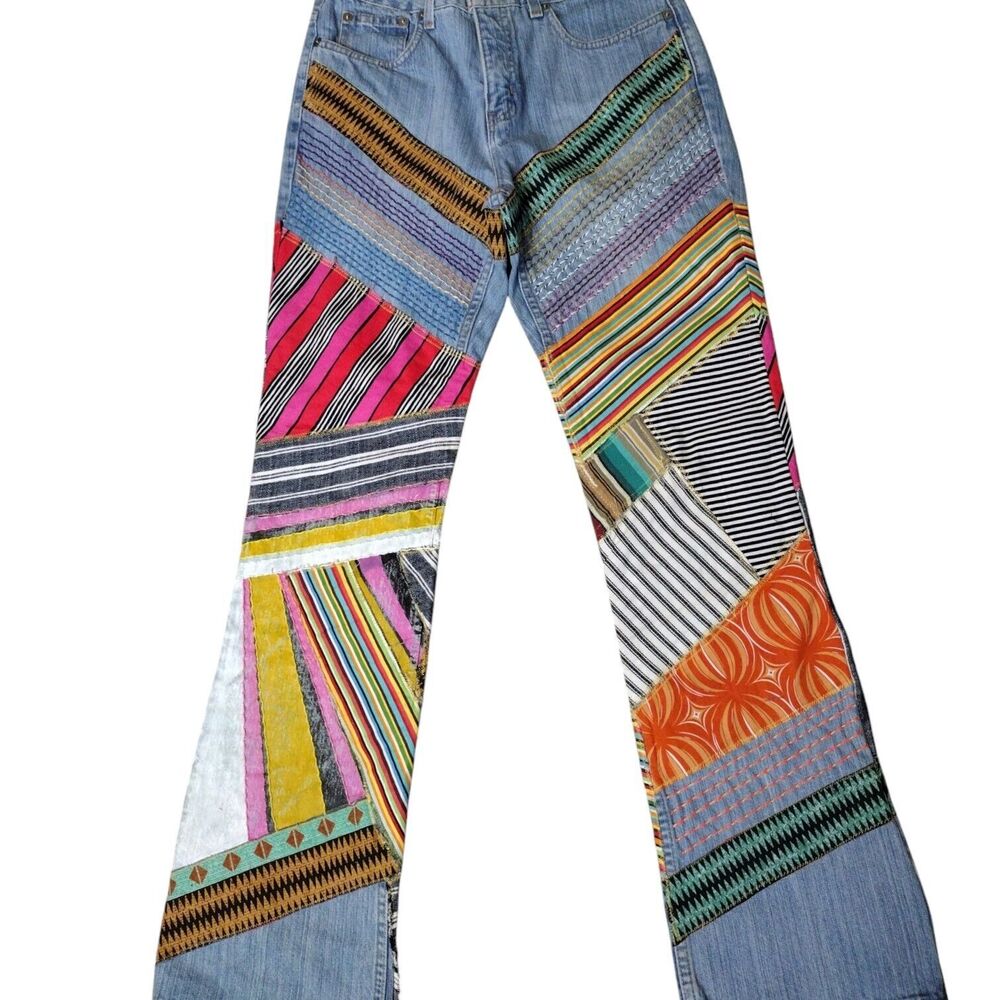 Upcycled Designed Vintage Flare Cotton High-Rise Denim Blue Jeans Size 6 Women's